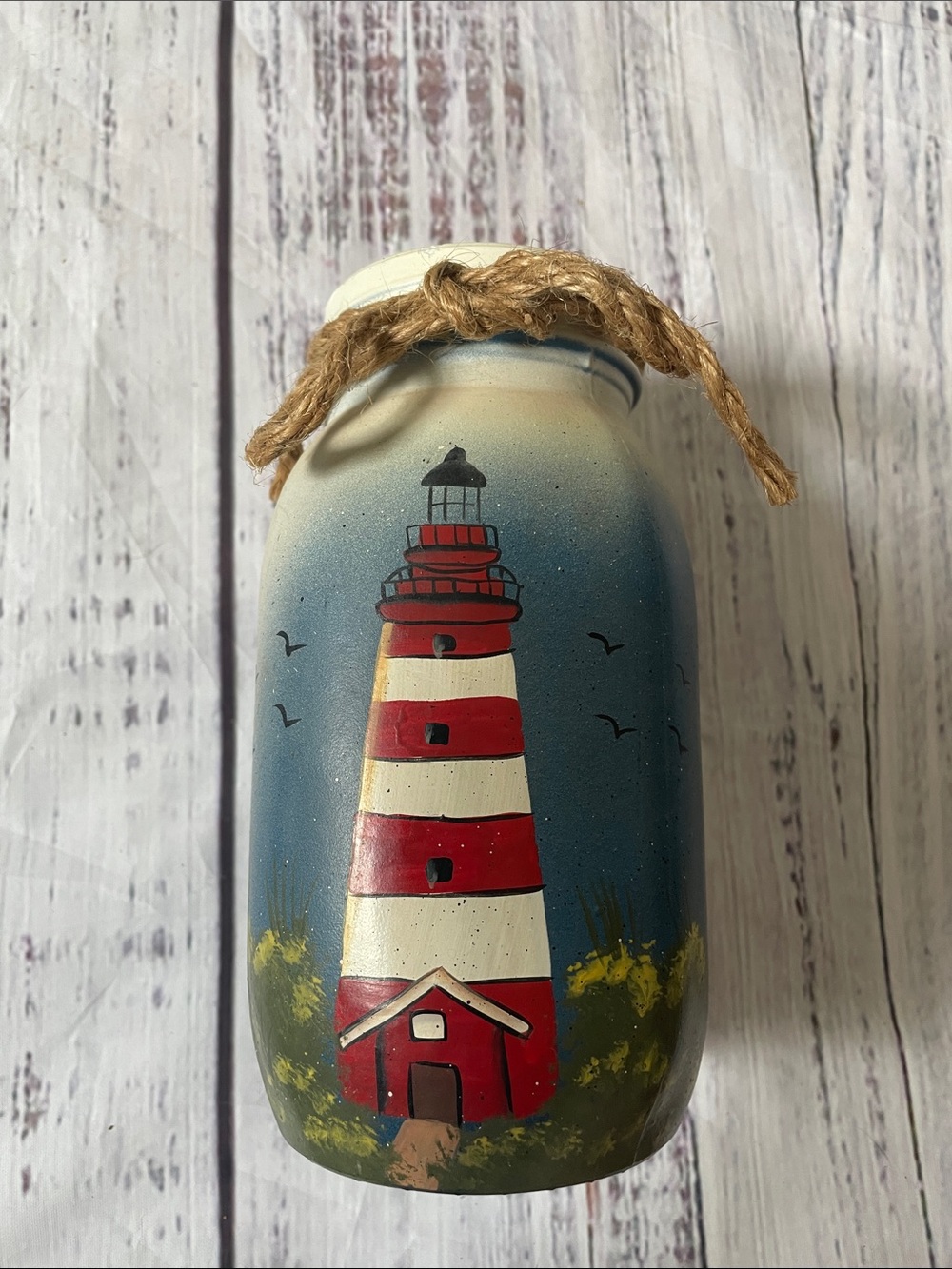 Hand-Painted Lighthouse Mason Jar with Twine Accent